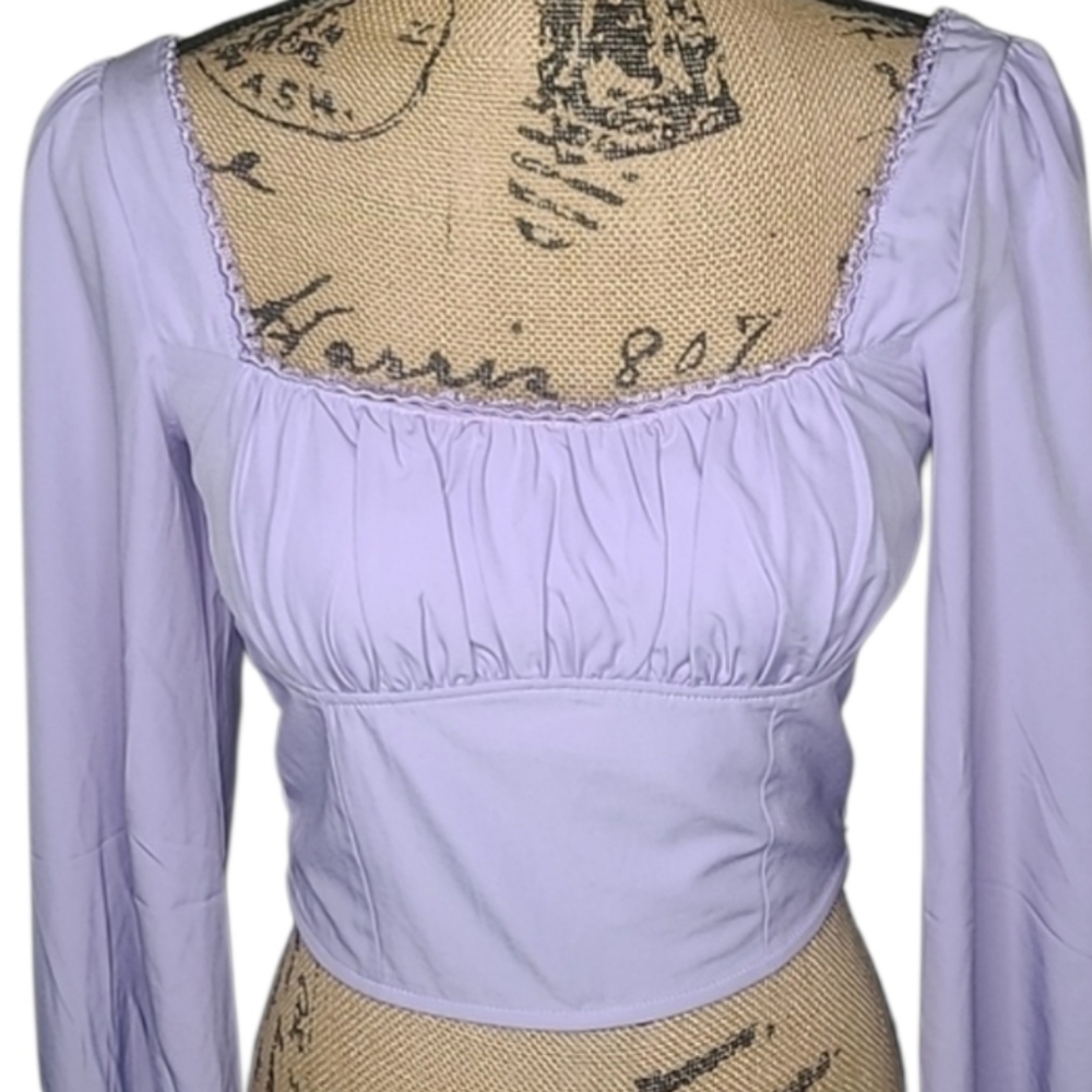 LA Hearts Lavender Crop Top Long Sleeve Lace Trim Smocked Back